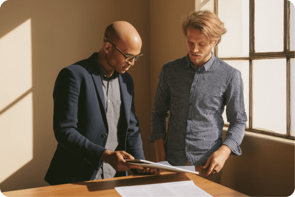 A man and woman reviewing a report while walking